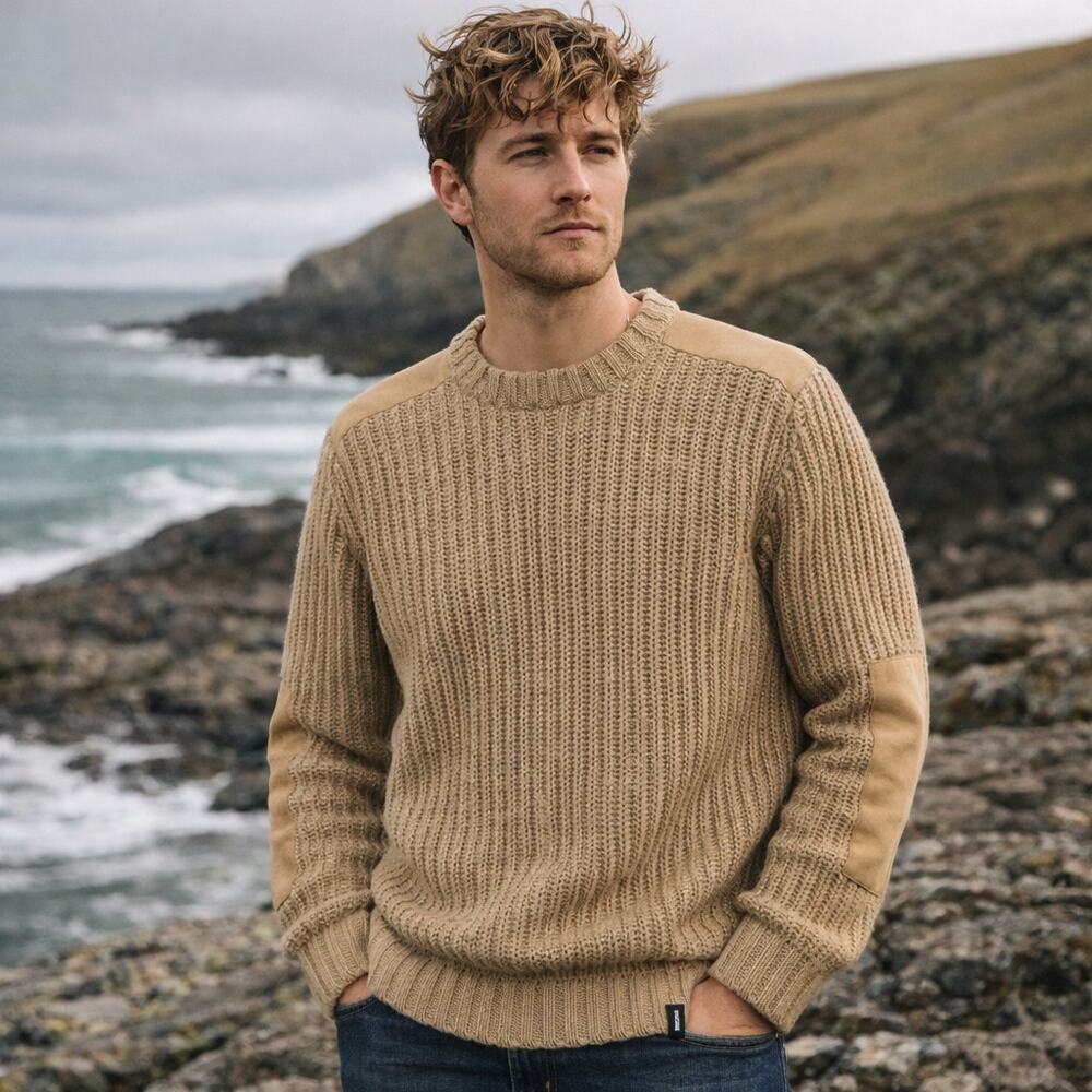 Finisterre heavy wool knit Fisherman sweater patch elbow shoulder
